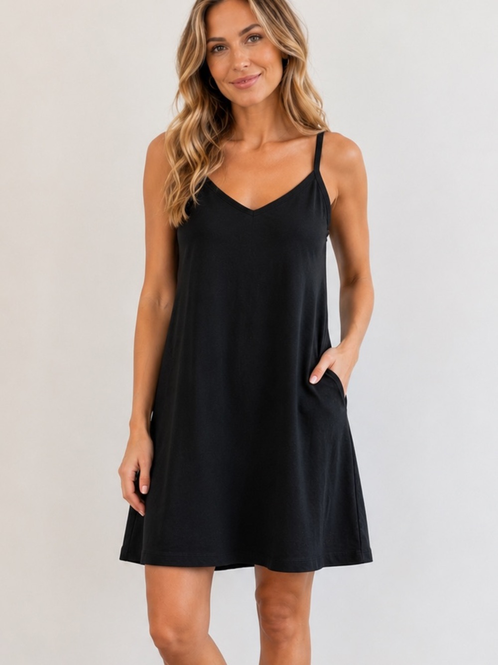 Patagonia Black Midi Slip Dress with Thin Straps Organic Cotton Medium V Neck